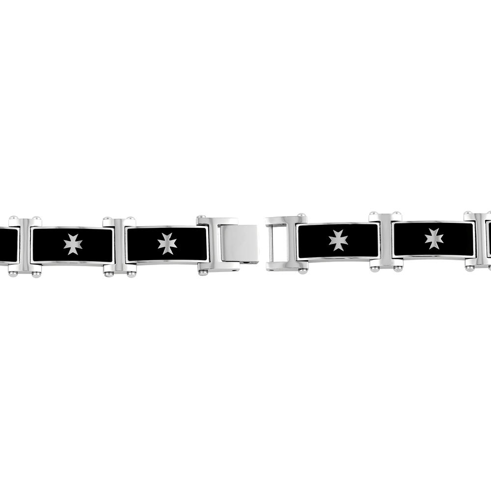 Stainless Steel Link Bracelet with Black IP and Maltese Cross Accent