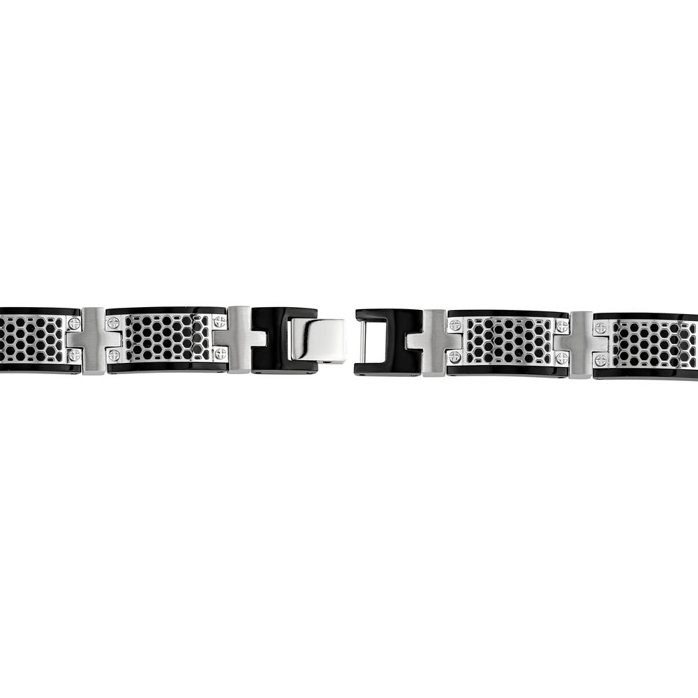 Stainless Steel Link Cut Out Bracelet with Black IP Accent