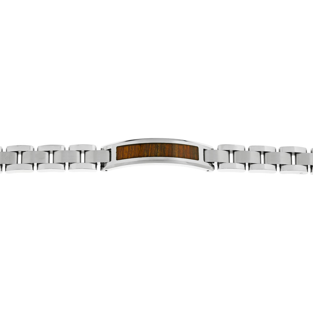 Stainless Steel Identification Link Bracelet with Light Wooden Inlay