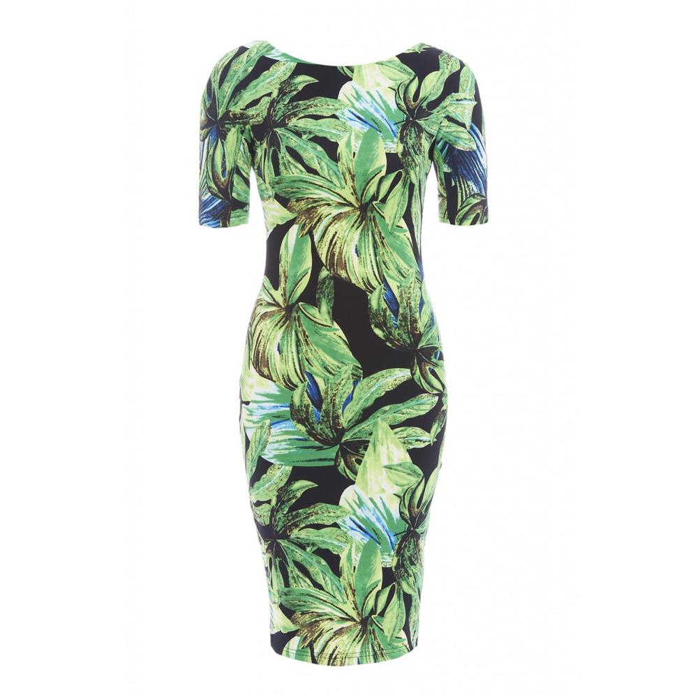 AX Paris Women's Leaf Tropical Green Print Three Quarter Sleeve Black Dress - Online Exclusive