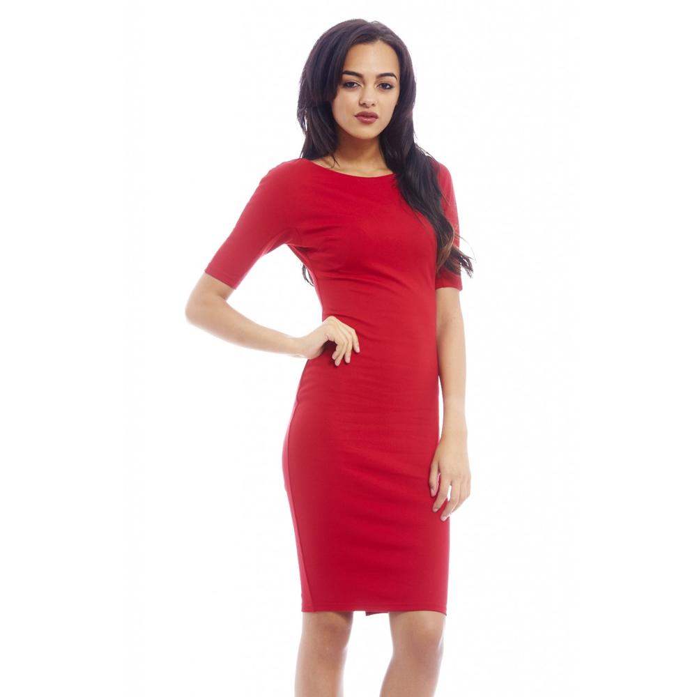 AX Paris Women's Plain Fitted Three Quarter Sleeve Red Dress - Online Exclusive