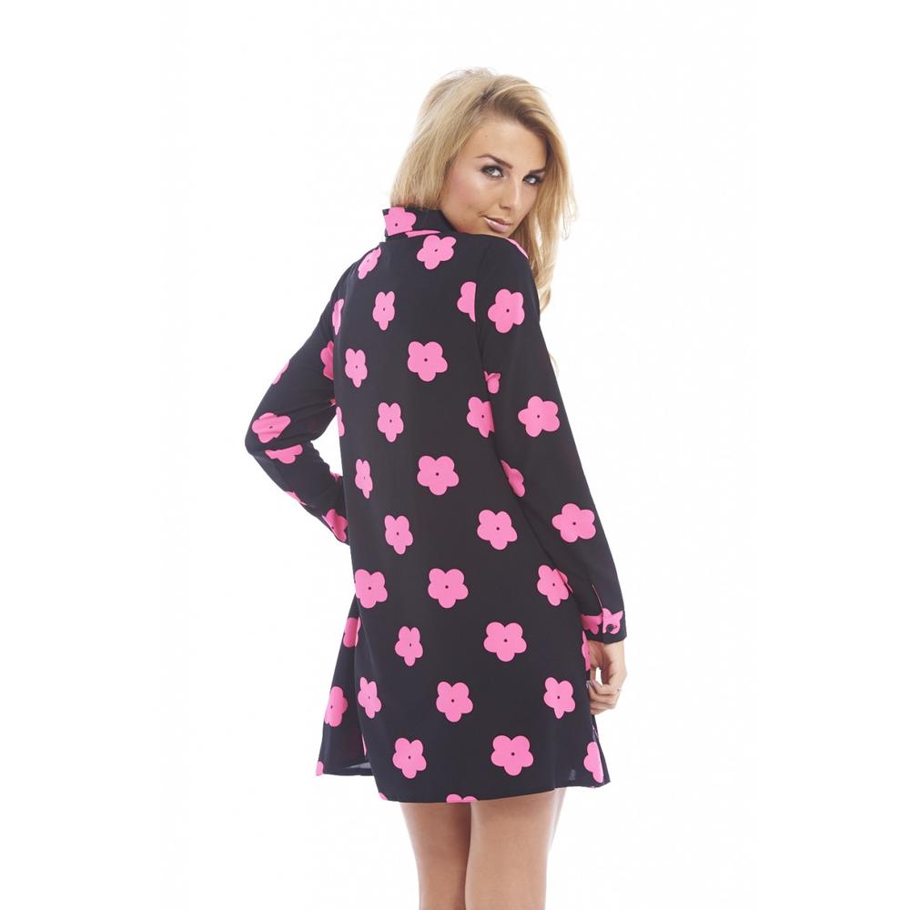AX Paris Women's Collar Long Sleeve Pink Daisy Blouse Dress - Online Exclusive