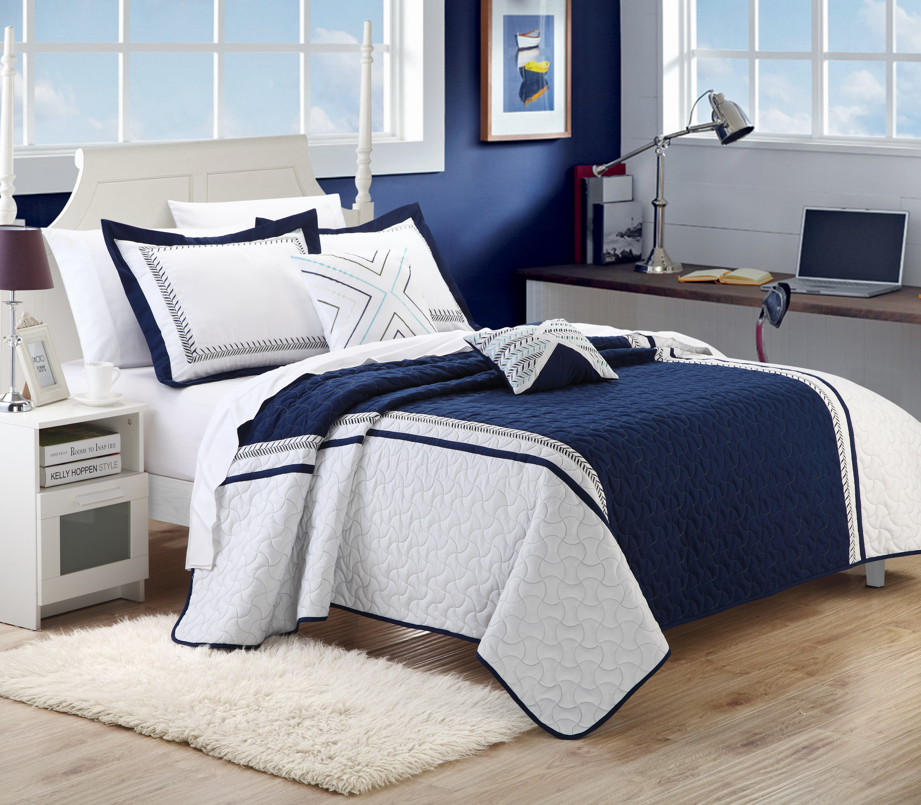 Chic Home  Rio Navy 5-Piece Embroidered Quilt Set King