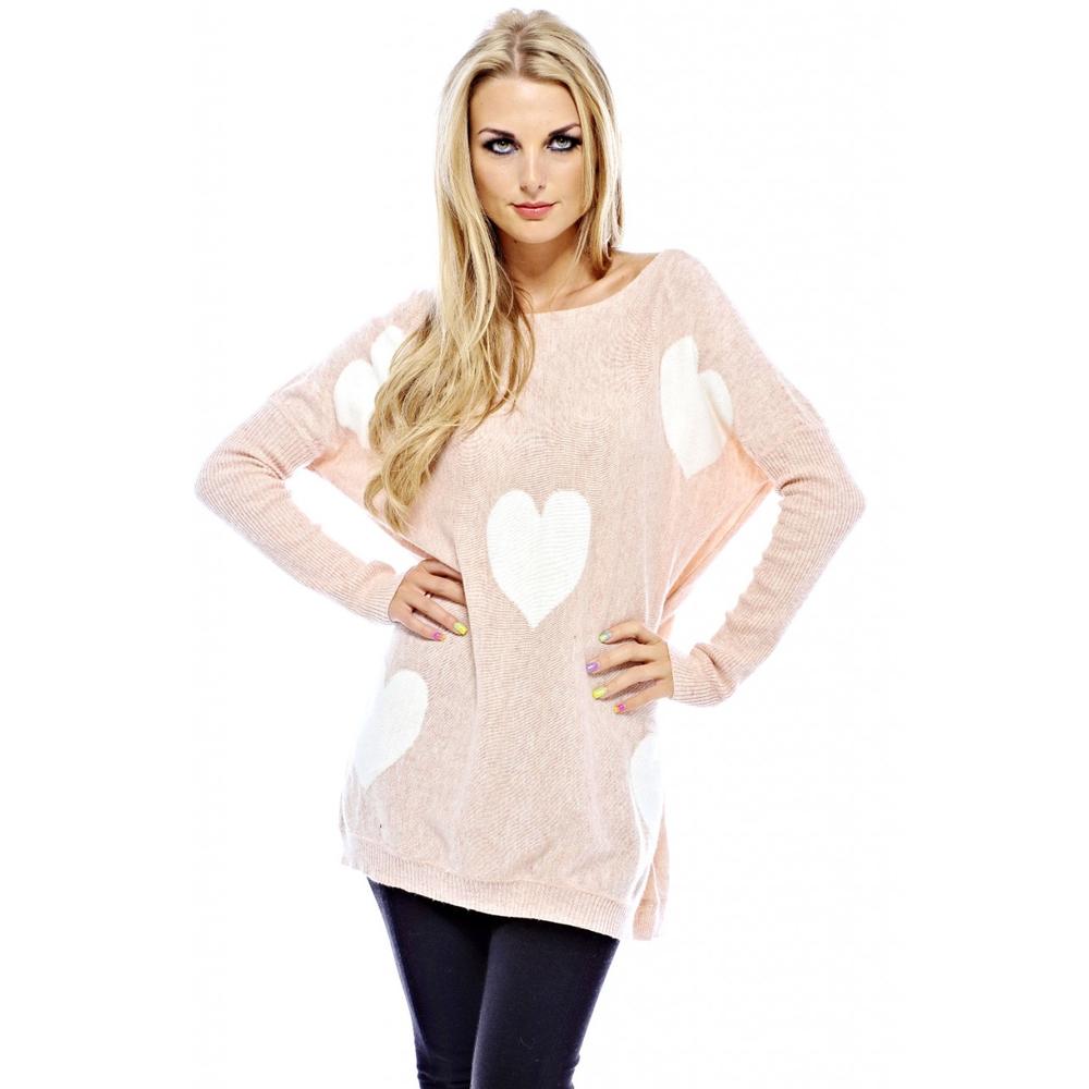 Women's Knitted Multi Heart Pink Cream Sweater- Online Exclusive