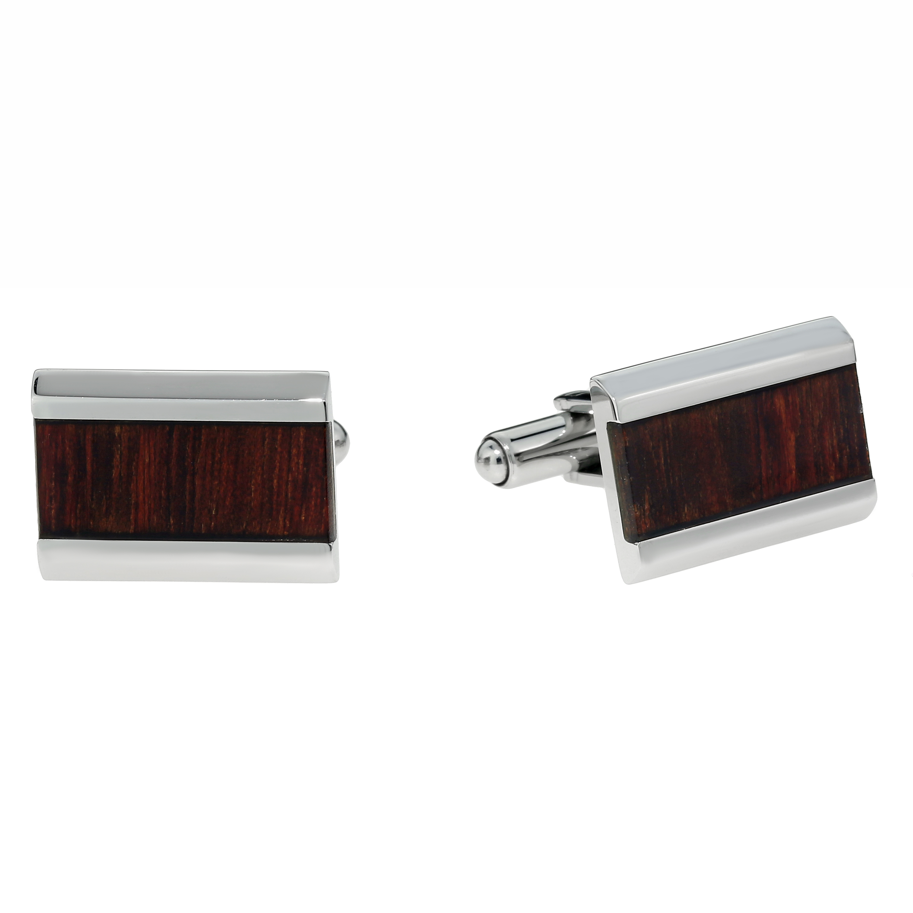 Stainless Steel Cuff Links with Dark Wooden Inlay
