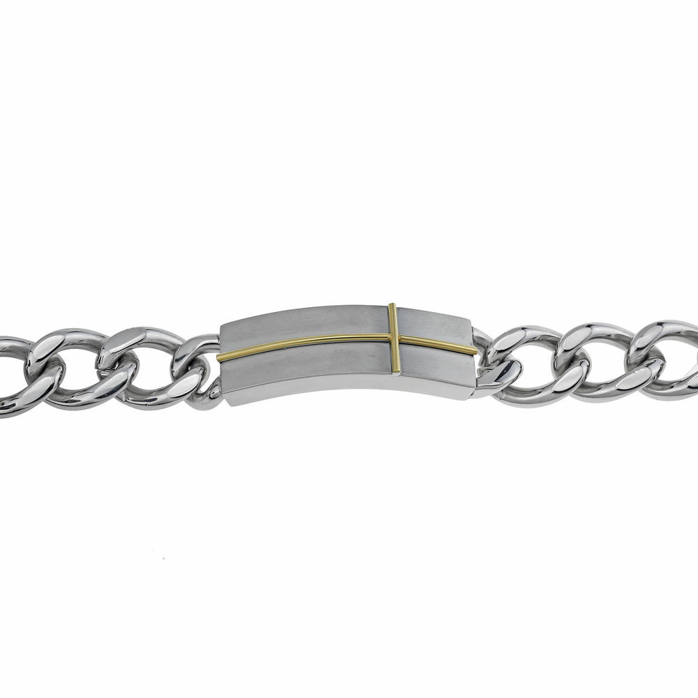 Stainless Steel Identification Bracelet with Gold IP Cross Accent