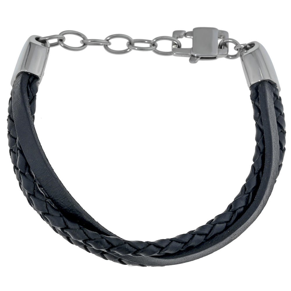 Black Leather Bracelet with Braided Design