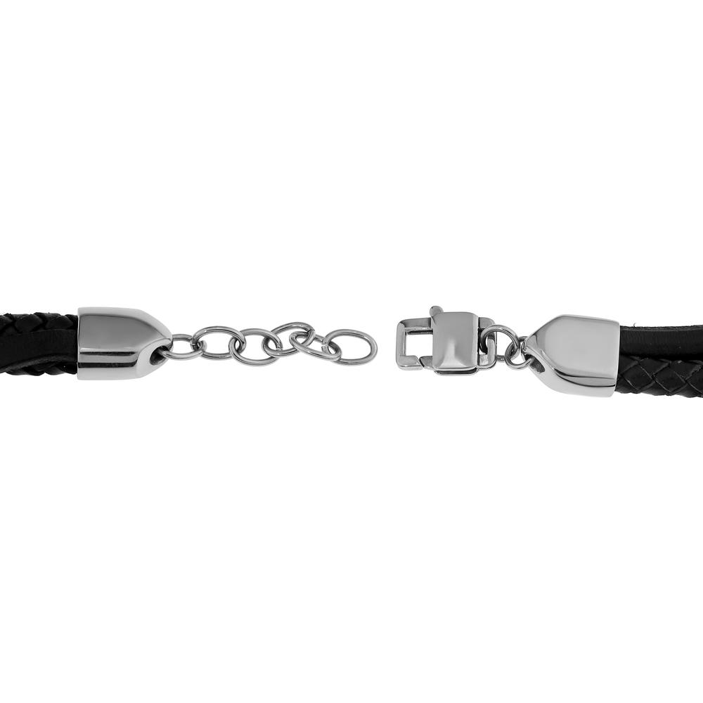 Black Leather Bracelet with Braided Design