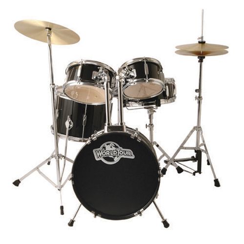 World Tour Complete 5 Piece Junior Drumset with Drum Throne and Drum Sticks - Gloss Black at mygofer.com