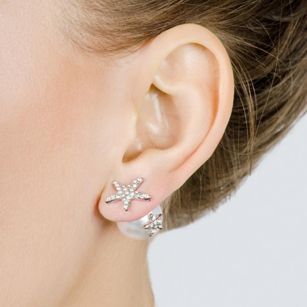 Silver Star Pearl Front Back Earrings
