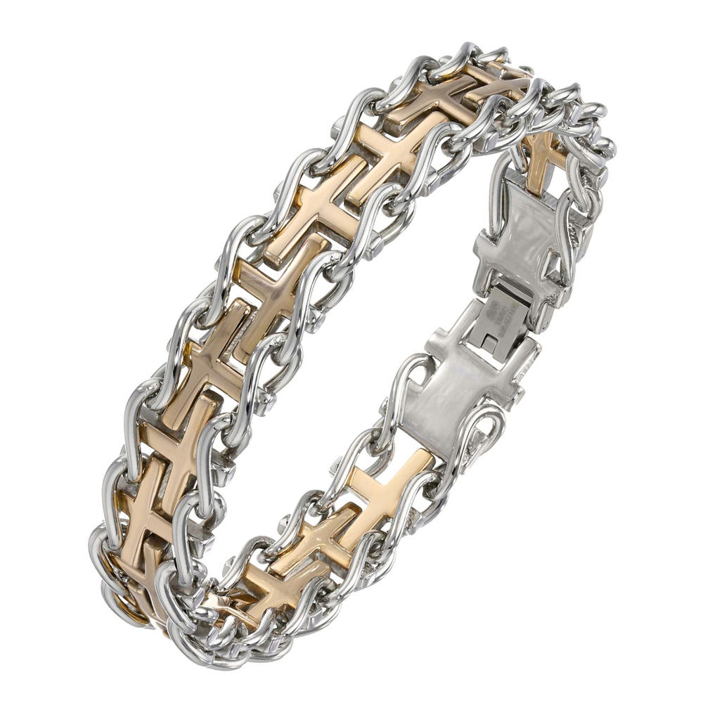 Cross Railroad Bracelet with Gold Ion Plating Accents in Stainless Steel