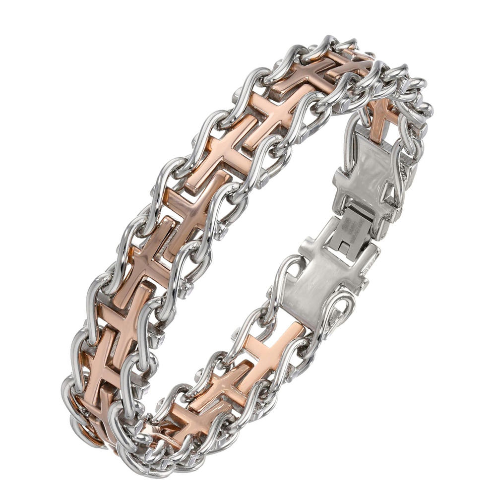 Cross Railroad Bracelet with Rose Ion Plating Accents in Stainless Steel