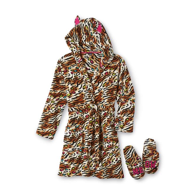 Joe Boxer Women's Fleece Hooded Bathrobe & Slippers Meow