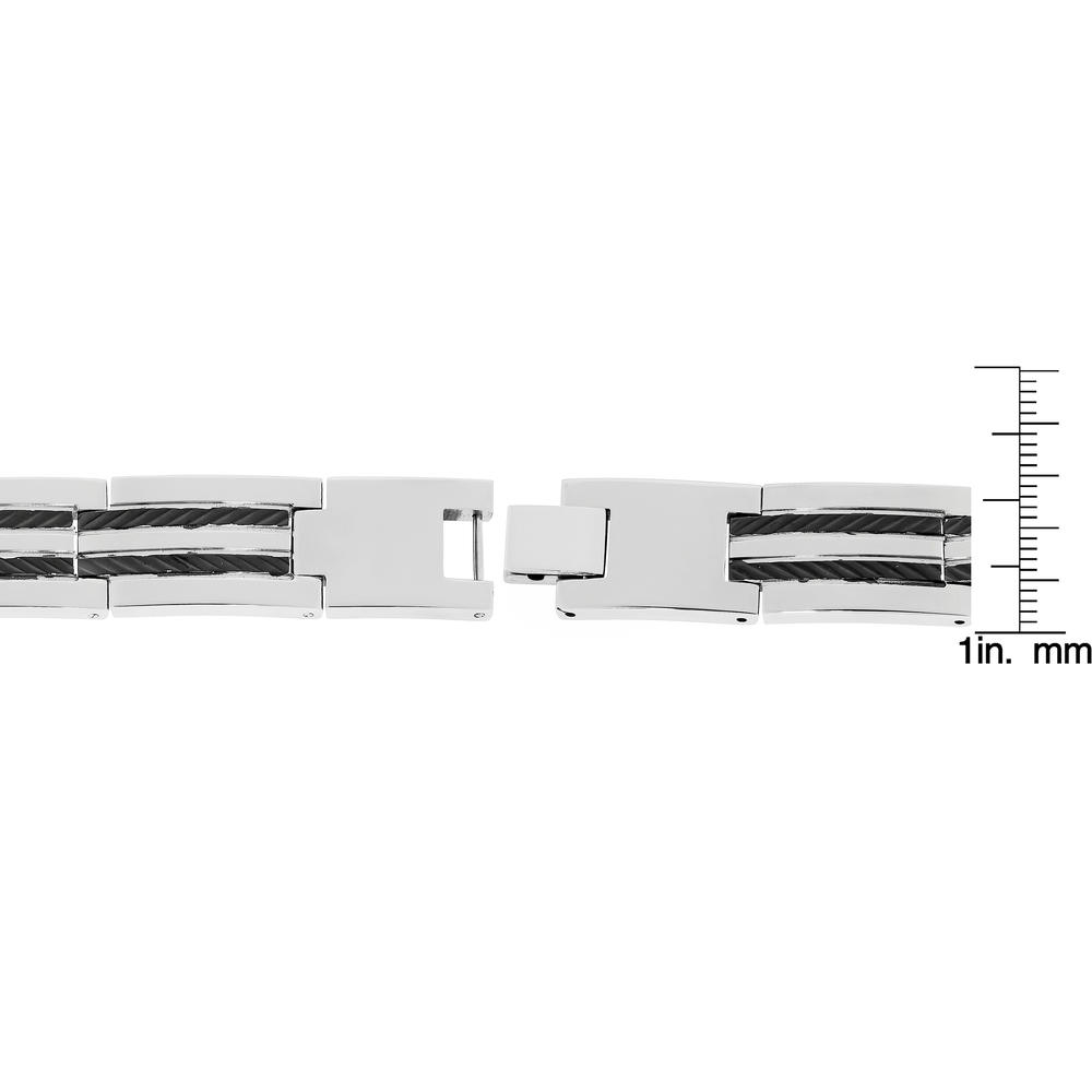 Stainless Steel Link Bracelet with Black IP Stripes