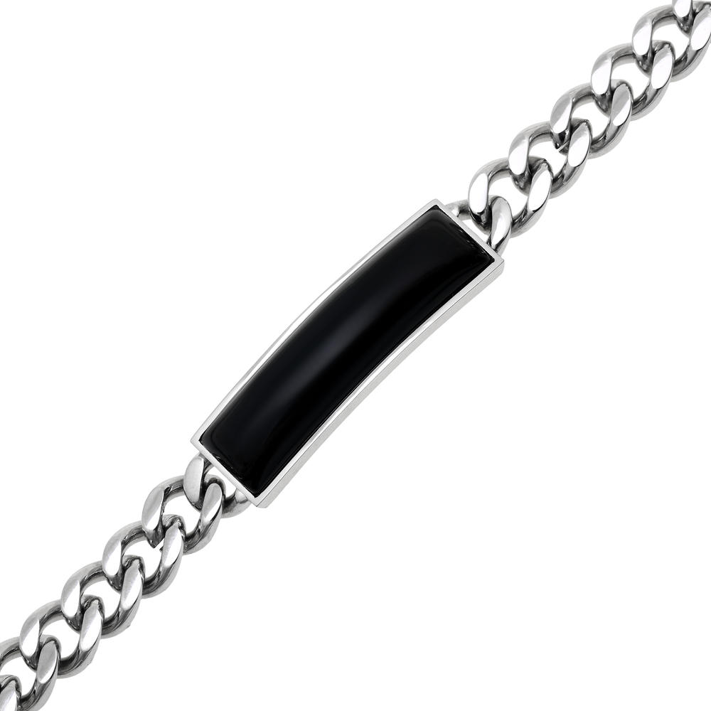 Stainless Steel Curb Bracelet with Black Agate  8.25" Length