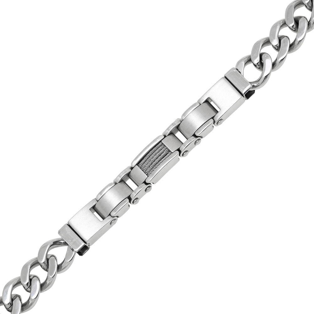 Stainless Steel Link and Curb Bracelet with Cables Inlay,  7.75" Length