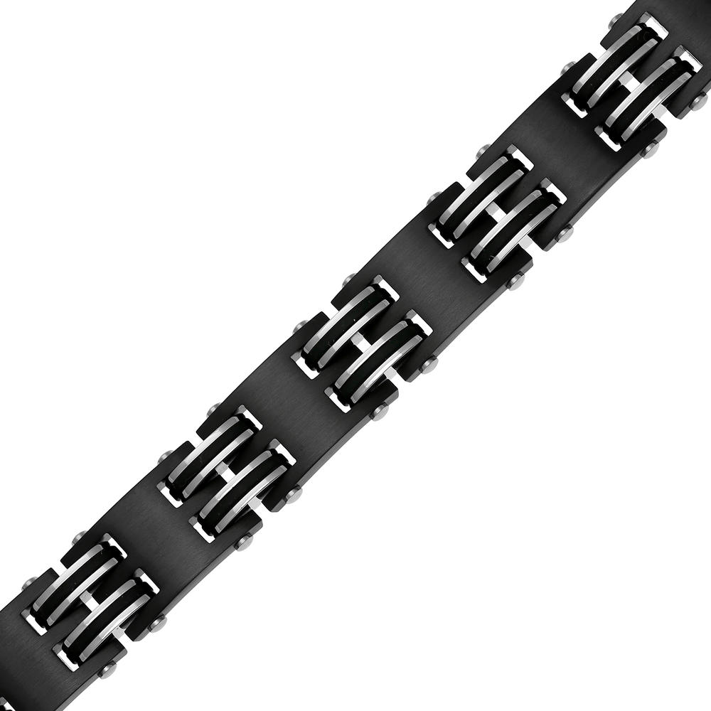 Black Ion Plated Stainless Steel Link Bracelet with Steel Highlights