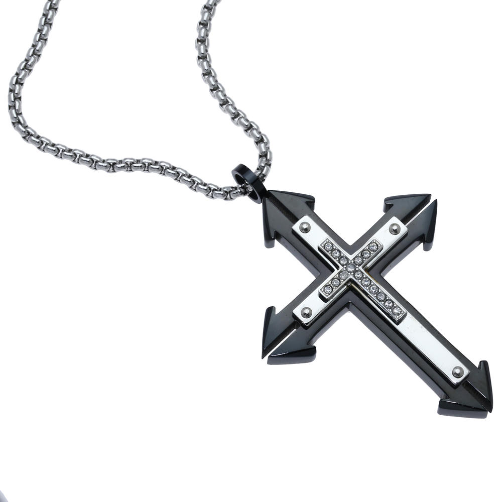 Stainless Steel Two-Tone Cross Pendant with Cubic Zirconia Accent
