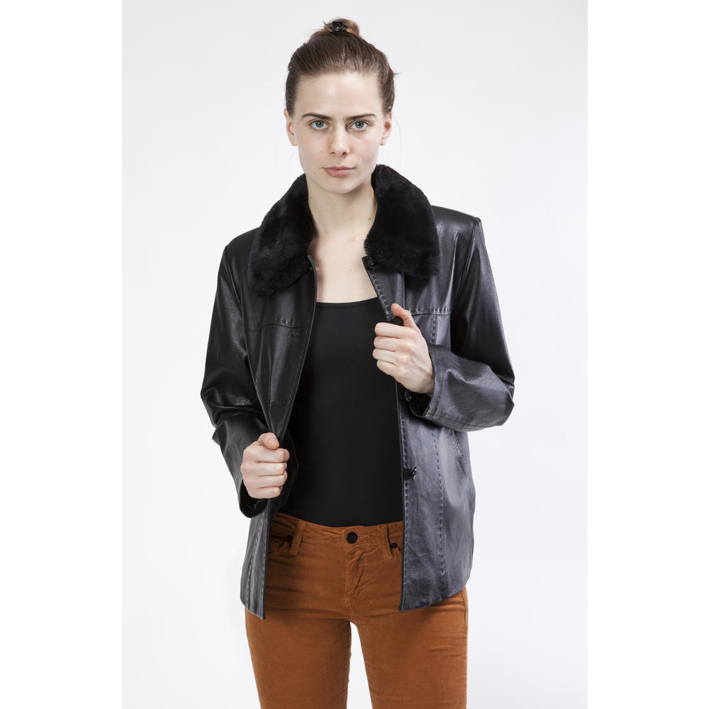 UNITED FACE Womens 3/4 Length Fur Collar Leather Jacket