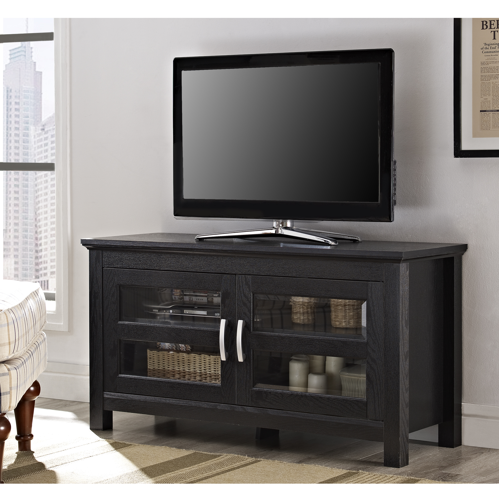 44 in. Black Wood TV Stand