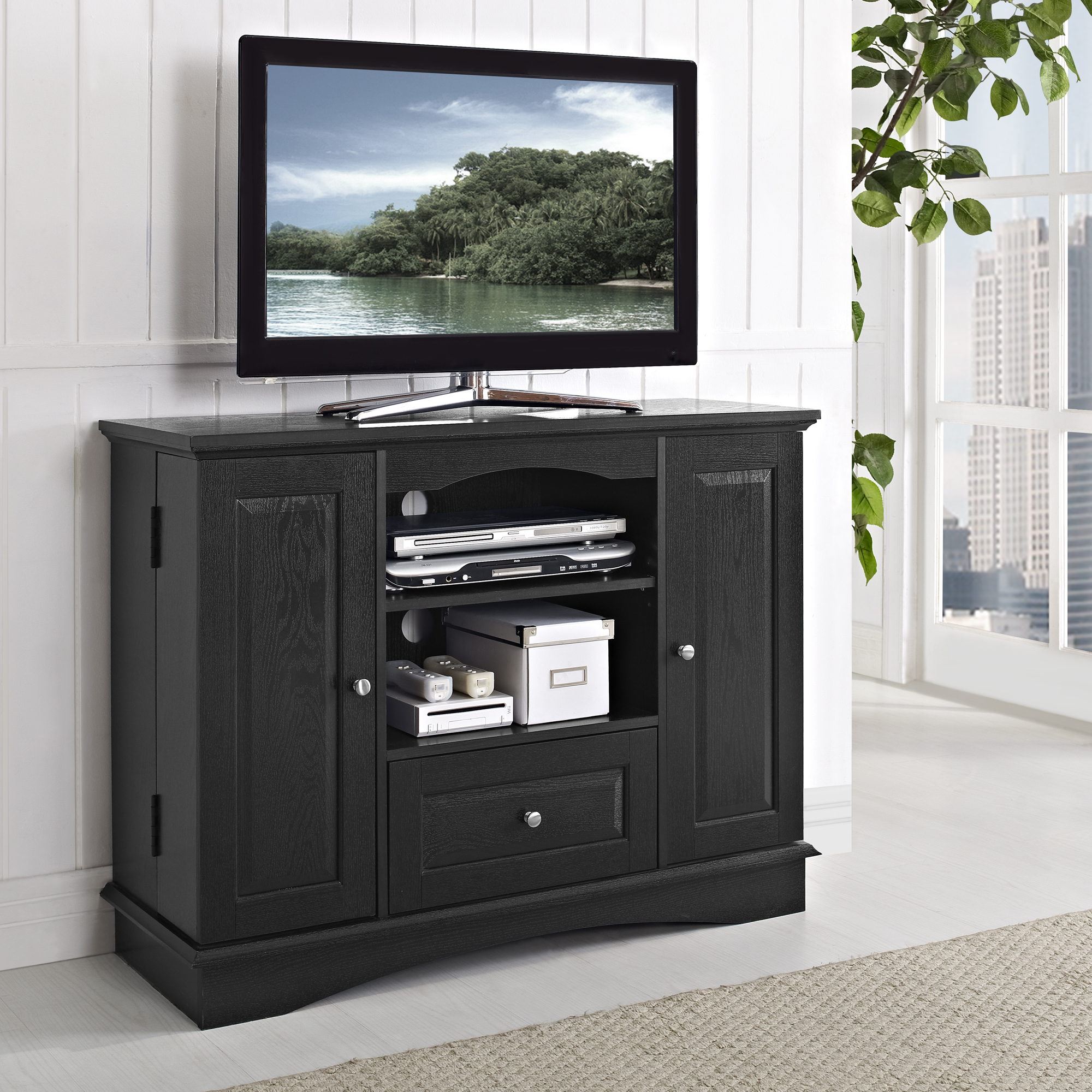 42 in. Black Wood TV Stand with Media Storage