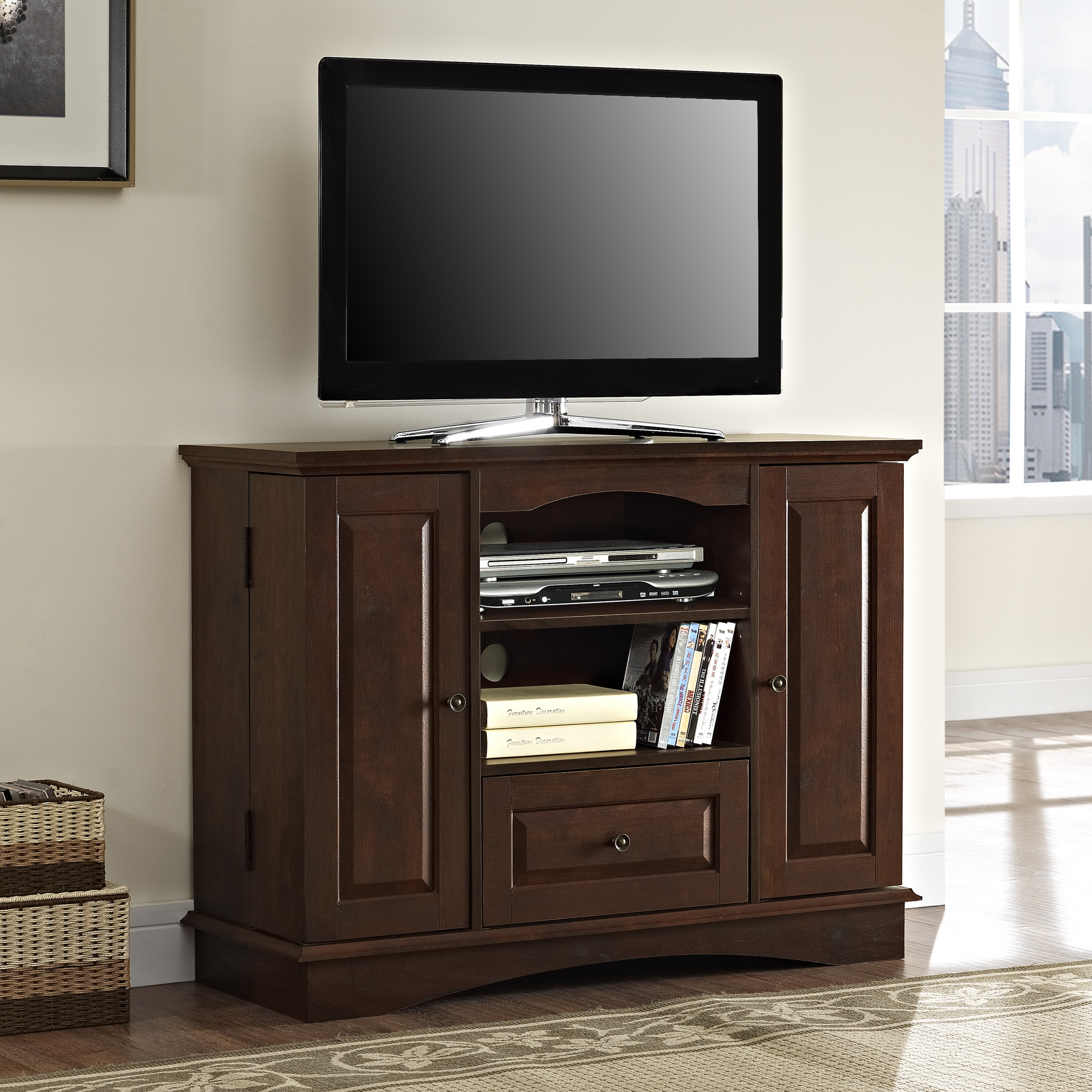 42 in. Brown Wood TV Stand with Media Storage