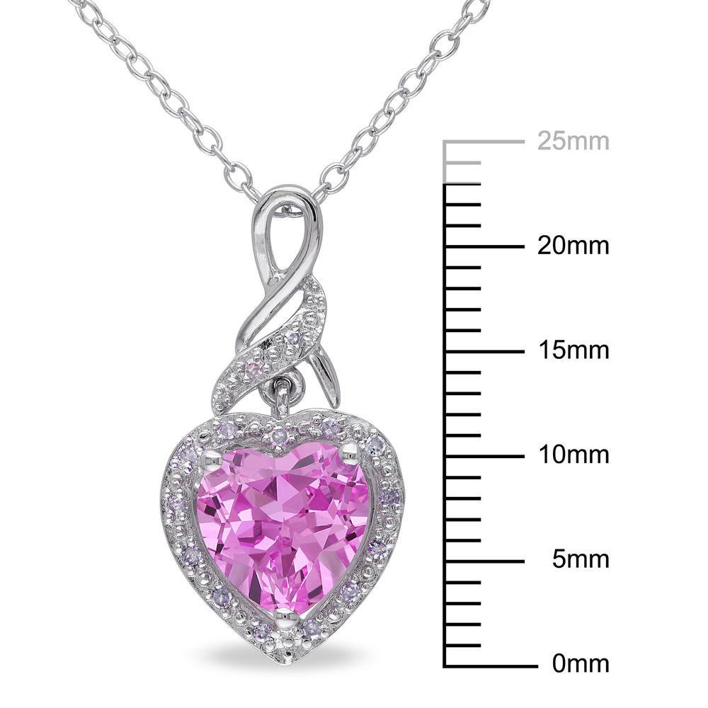 Sterling Silver 2.25 CTTW Created Pink Sapphire and 0.06 CTTW Diamond Heart Pendant