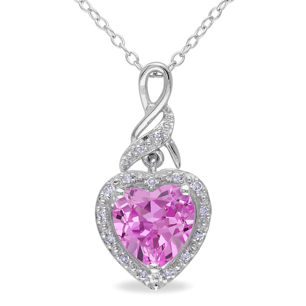 Sterling Silver 2.25 CTTW Created Pink Sapphire and 0.06 CTTW Diamond Heart Pendant