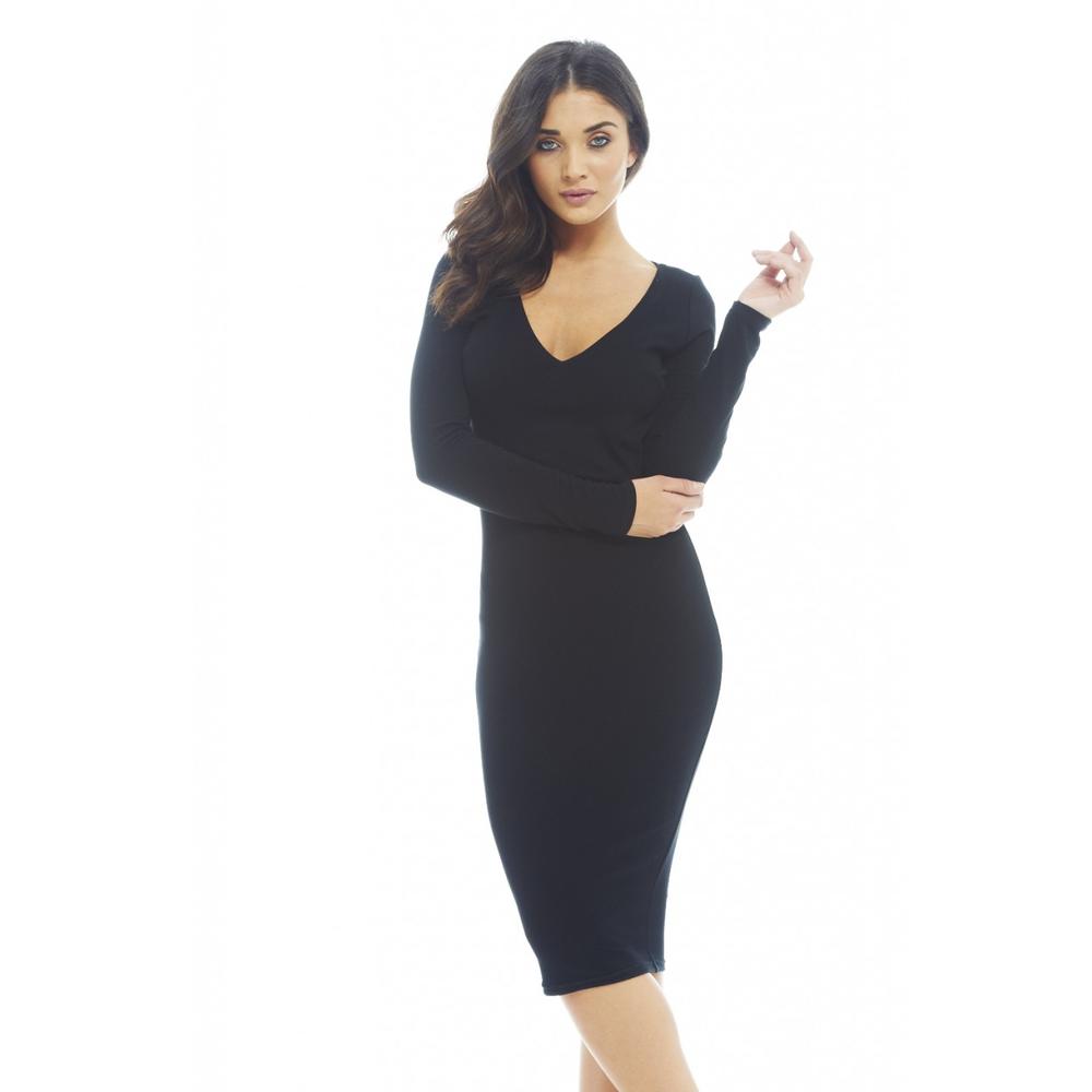 AX Paris Women's Low Neck Long Sleeve Plain Midi Black Dress - Online Exclusive