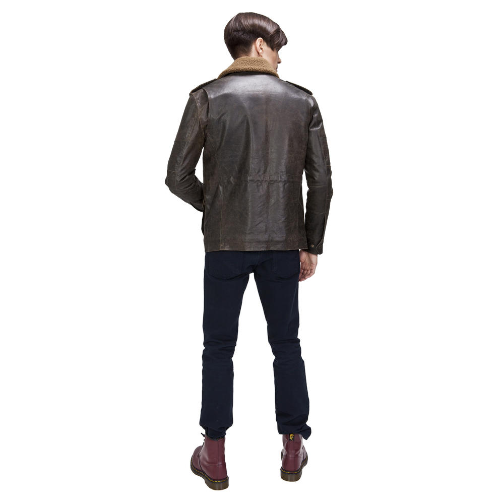 UNITED FACE Mens Distressed Leather Military Jacket