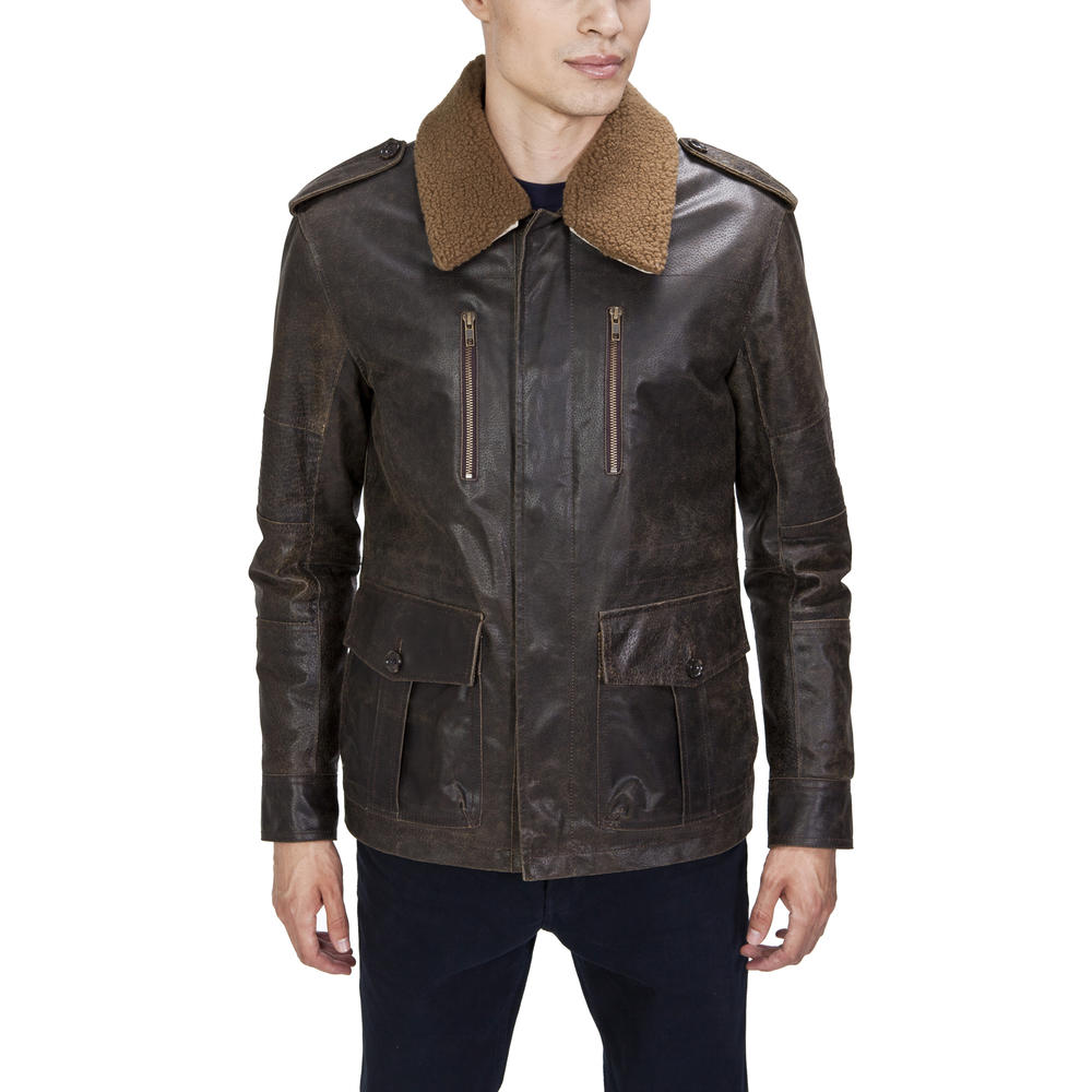 UNITED FACE Mens Distressed Leather Military Jacket