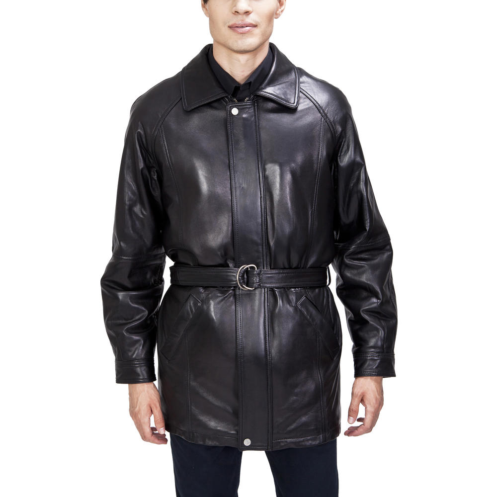 UNITED FACE Mens Classic Black Lambskin Belted Leather Coat
