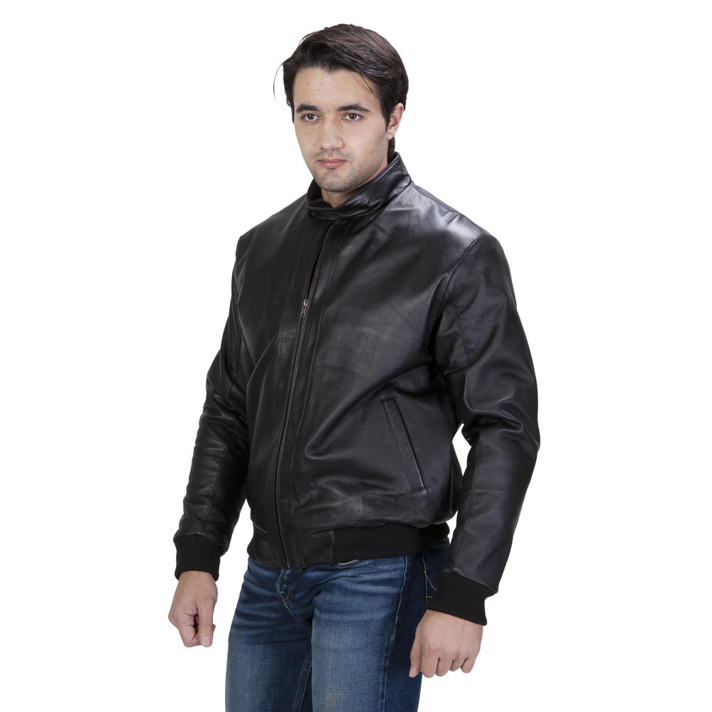 UNITED FACE Mens Stand-Up Collar Black Leather Bomber Jacket