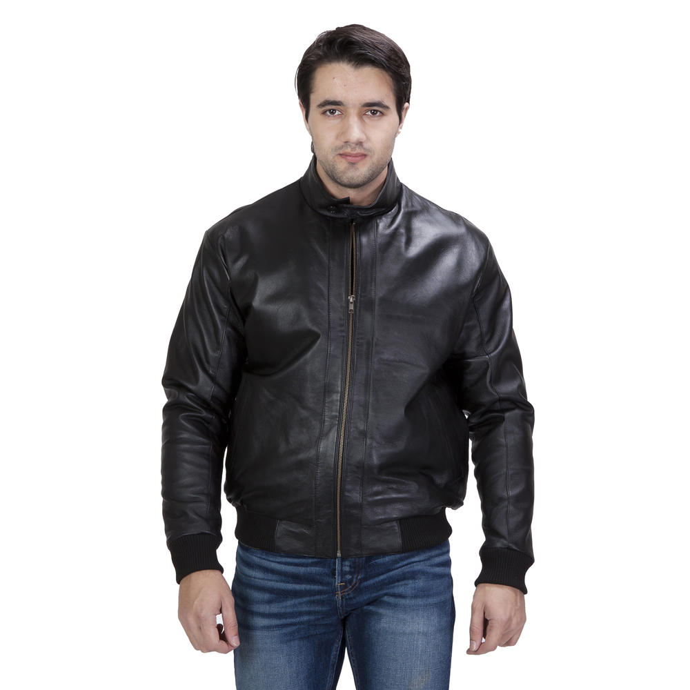 UNITED FACE Mens Stand-Up Collar Black Leather Bomber Jacket
