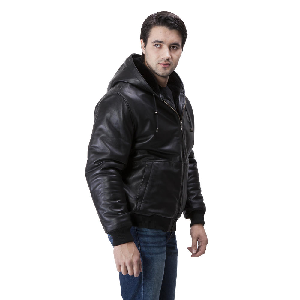 UNITED FACE Mens Lambskin Reversible Hooded Leather Bomber Jacket