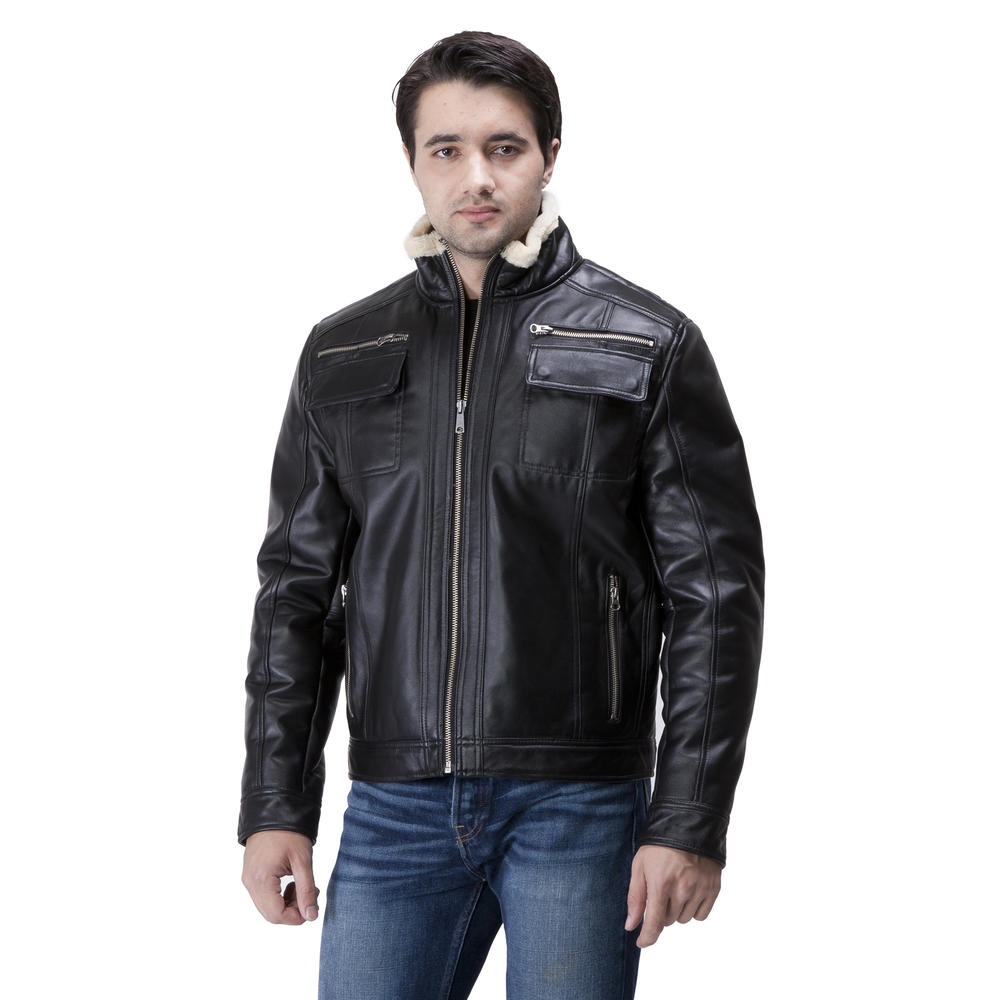 UNITED FACE Mens Faux Shearling Lambskin Leather Moto Jacket