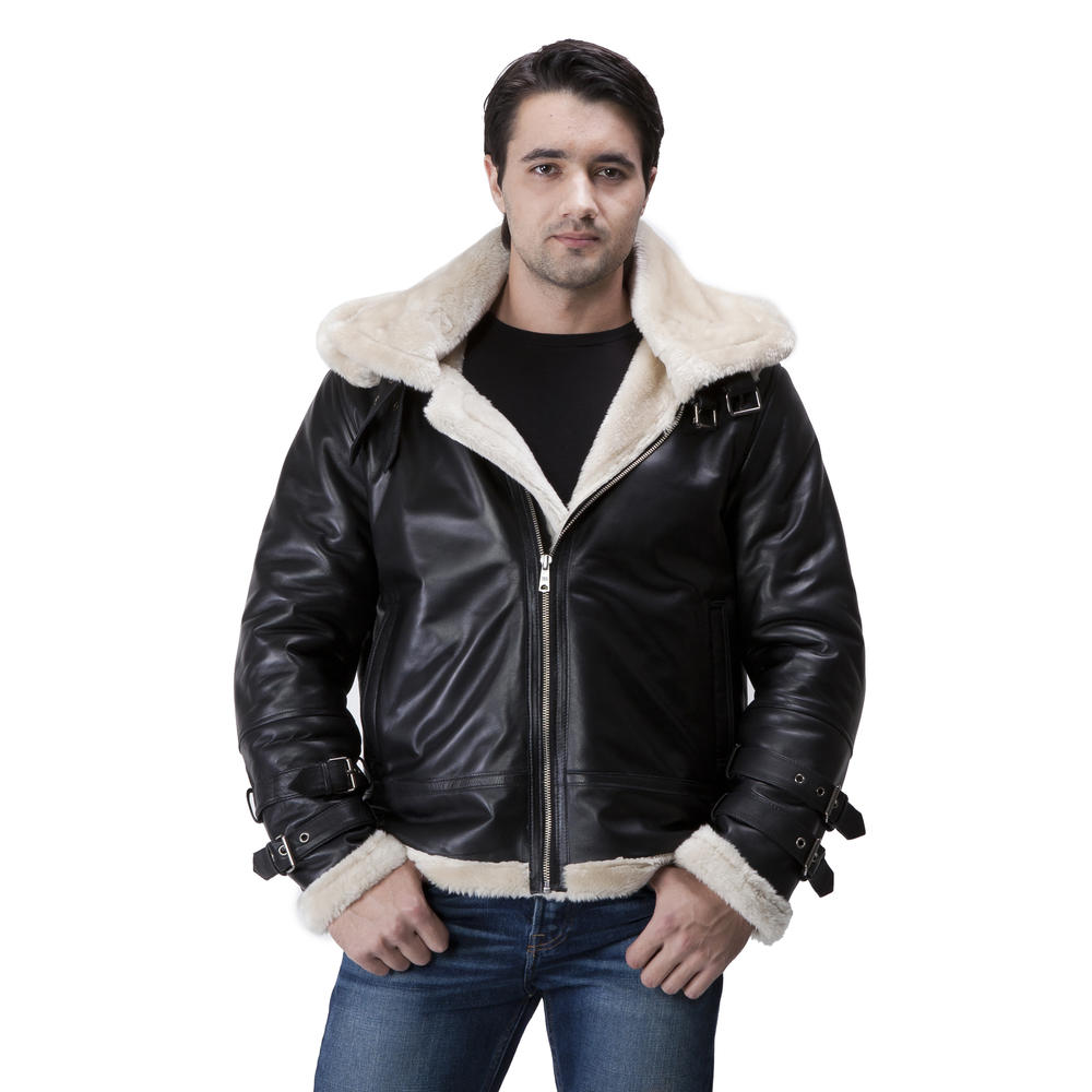 UNITED FACE Mens Black Lambskin Leather Aviator Jacket B-3 Bomber With Hoodie