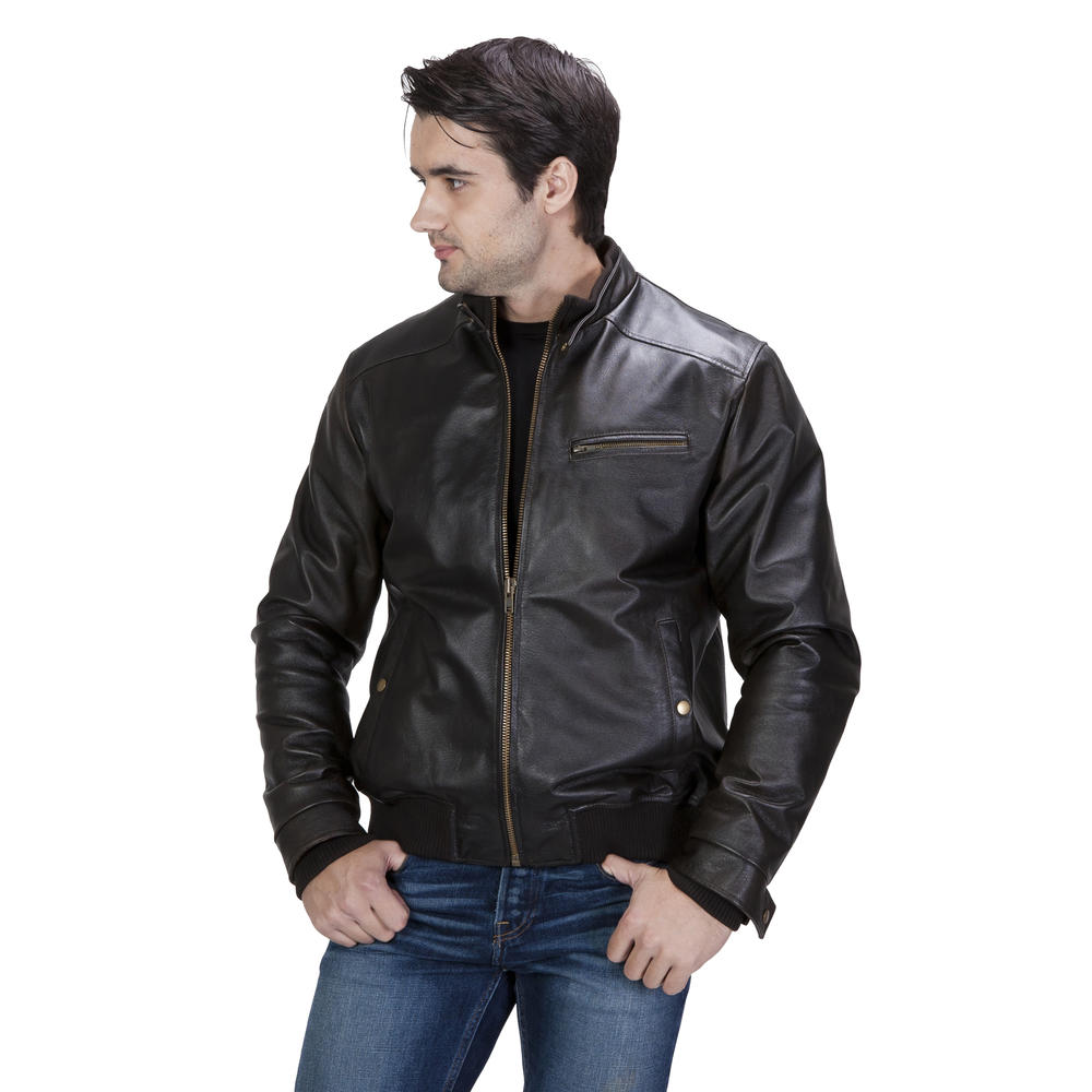 UNITED FACE Mens Stand Collar Leather Moto Bomber Jacket