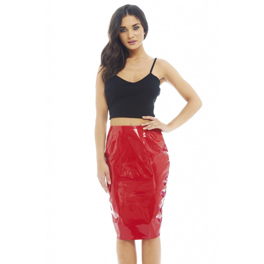 Women's Patent Midi Red Skirt - Online Exclusive