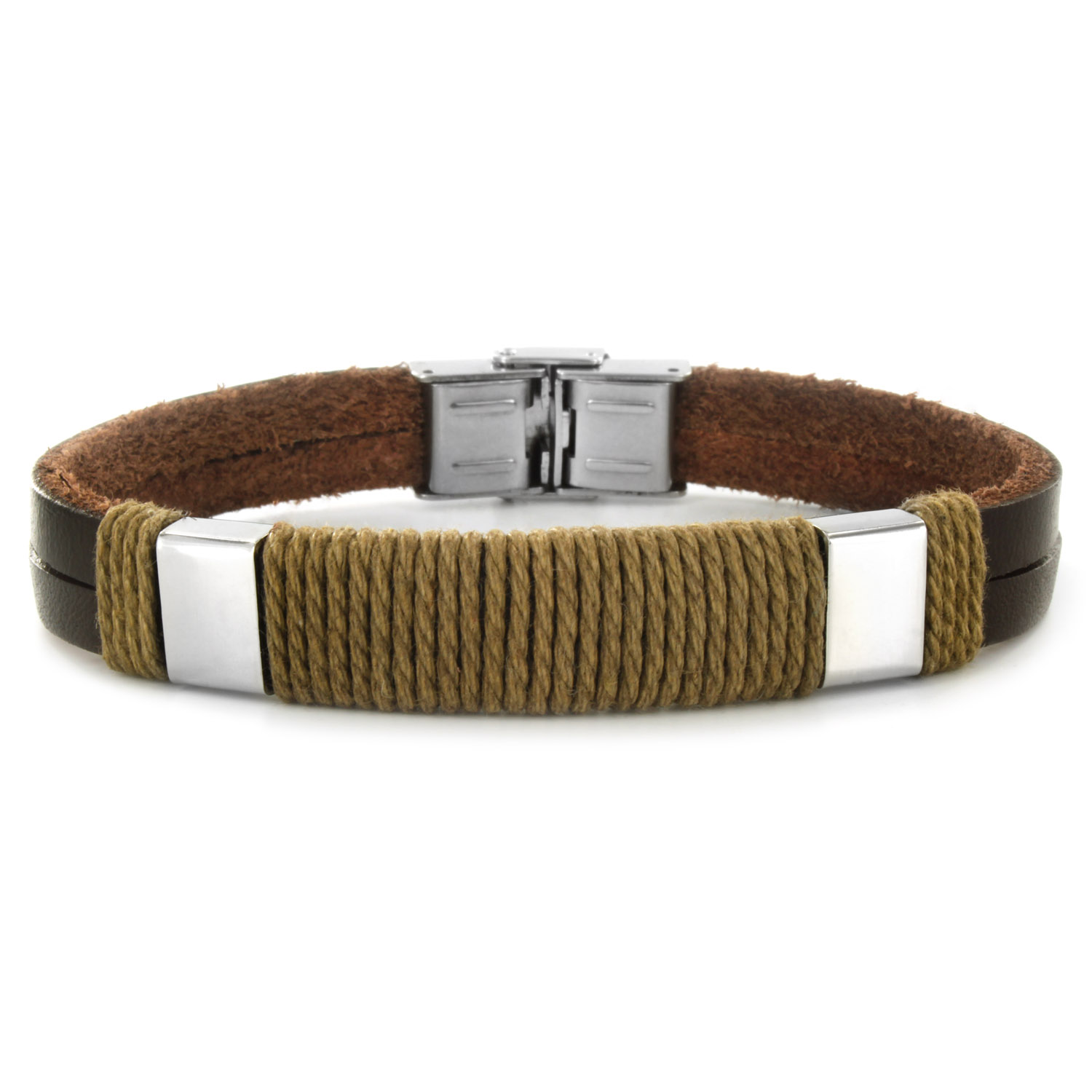 Crucible Stainless Steel and Leather Men's Rope Detail Bracelet 8.25