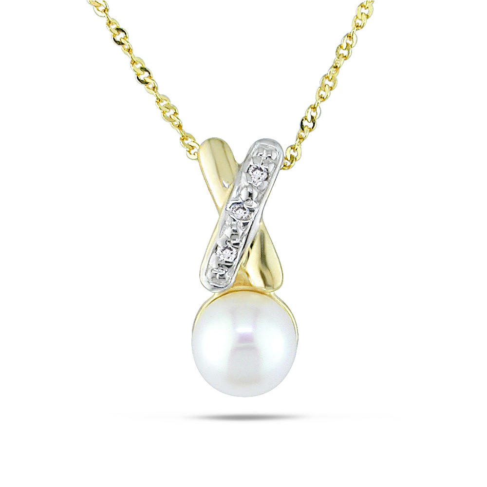 14k Yellow Gold 5.5-6 mm Freshwater White Pearl and 0.02 CTTW Pendant