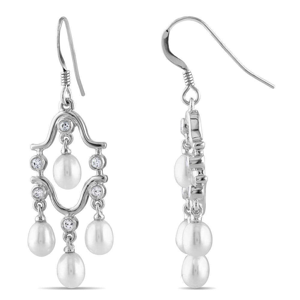 Sterling Silver 4-4.5 mm Freshwater White Pearl and 0.28 CTTW Cubic Zirconia Stud Earrings
