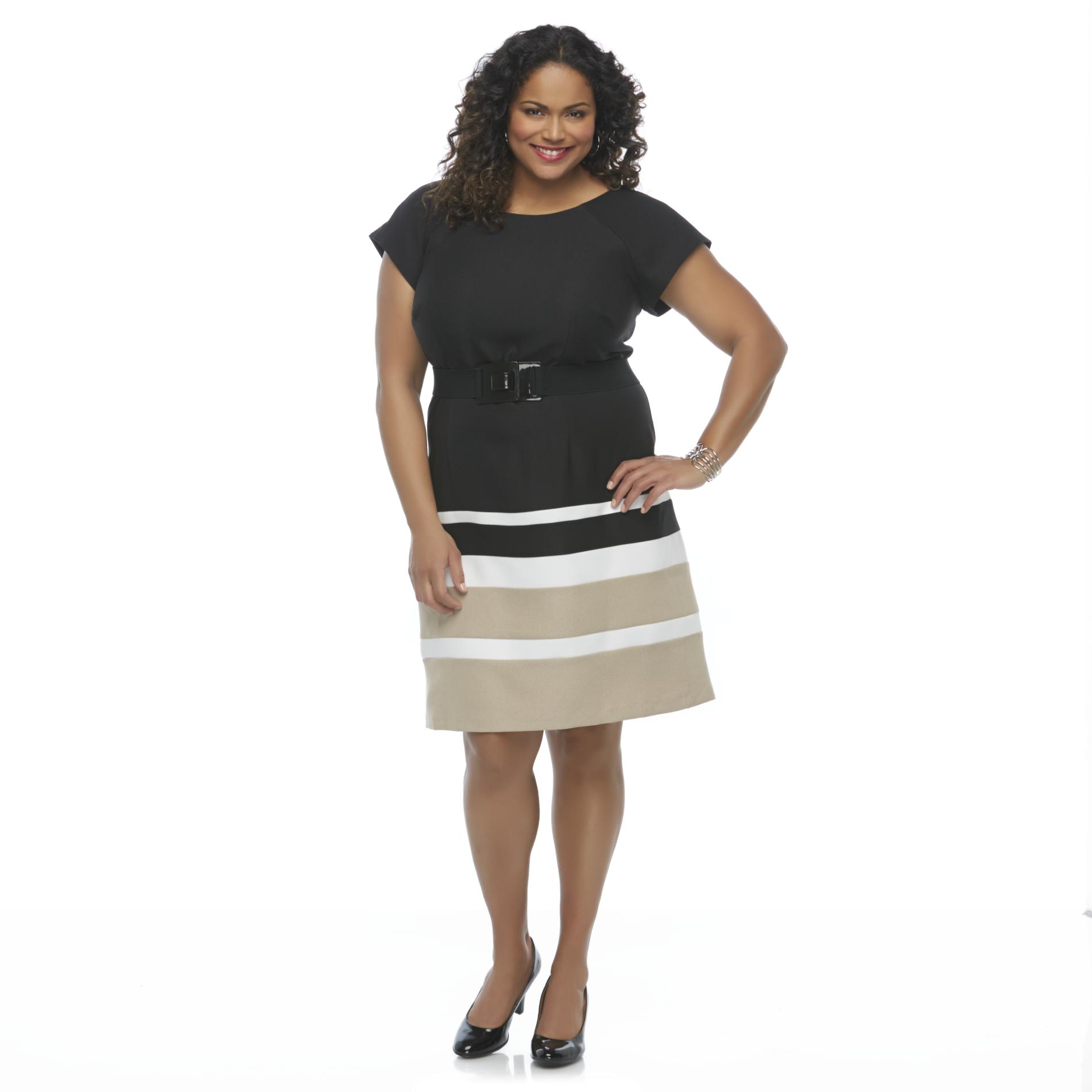 Covington Women's Plus Belted Cap Sleeve Dress - Colorblock