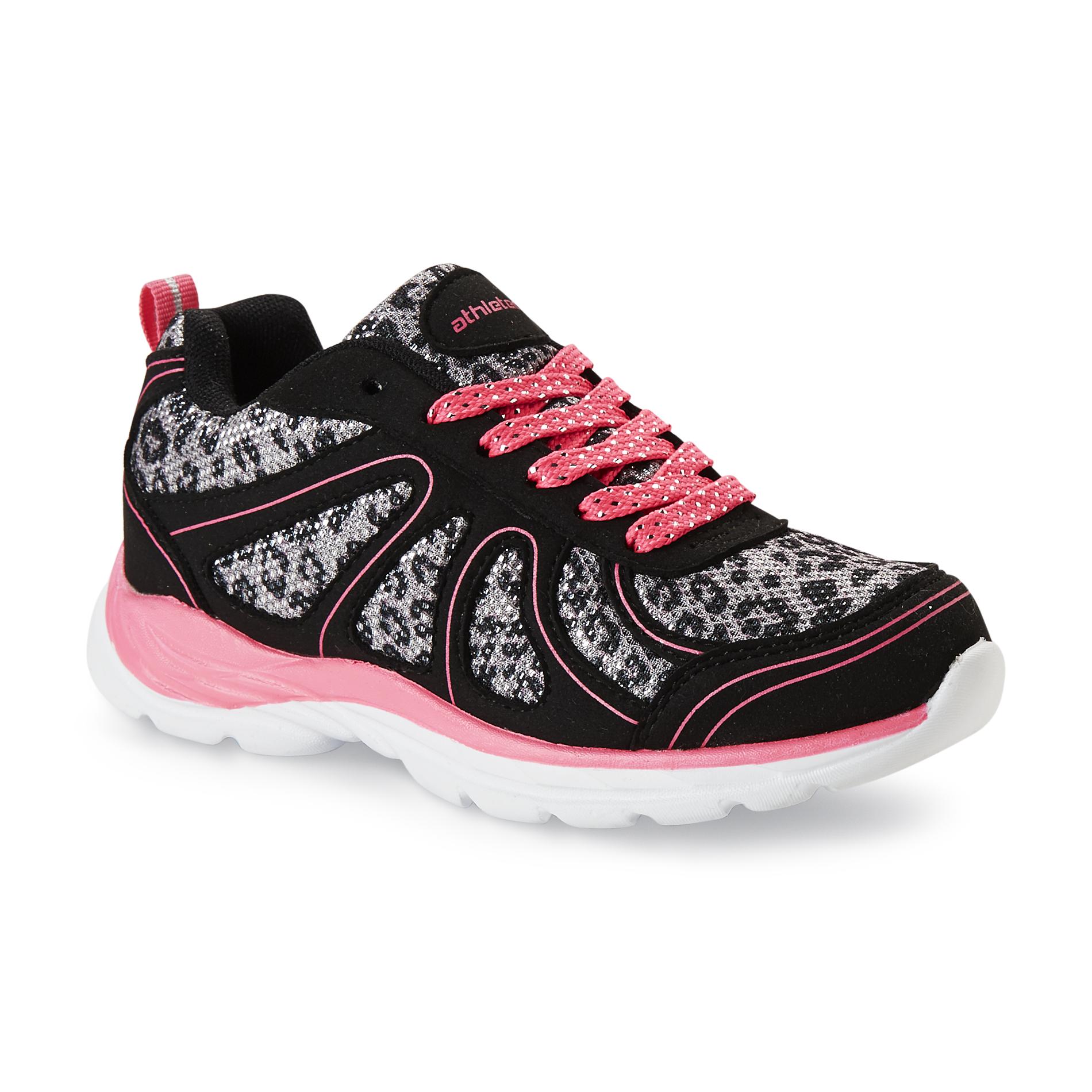 Girl's Bold Black/Pink/Silver Animal Print Running Shoe