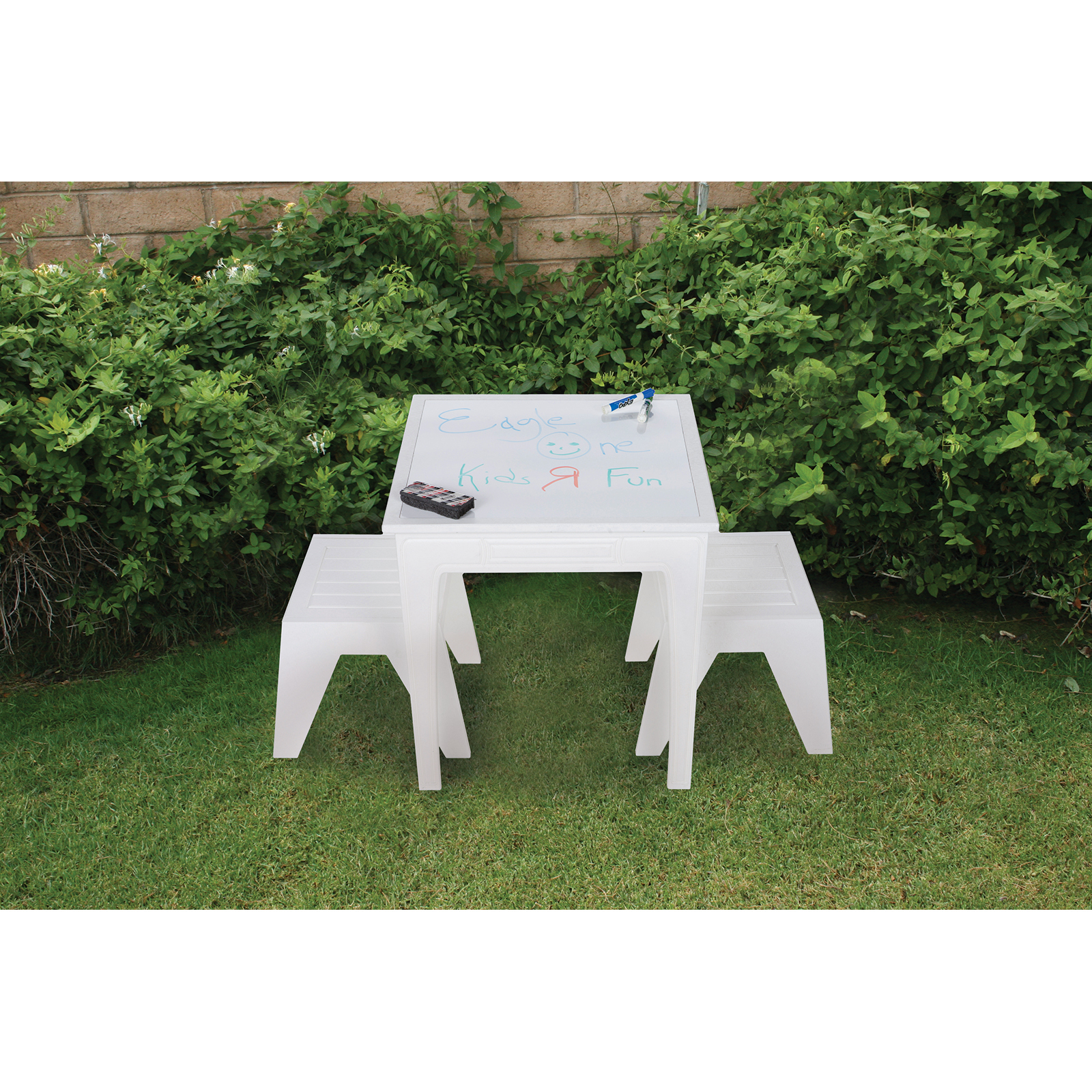 Kids Square Table Set, White (Table, 2 Benches)