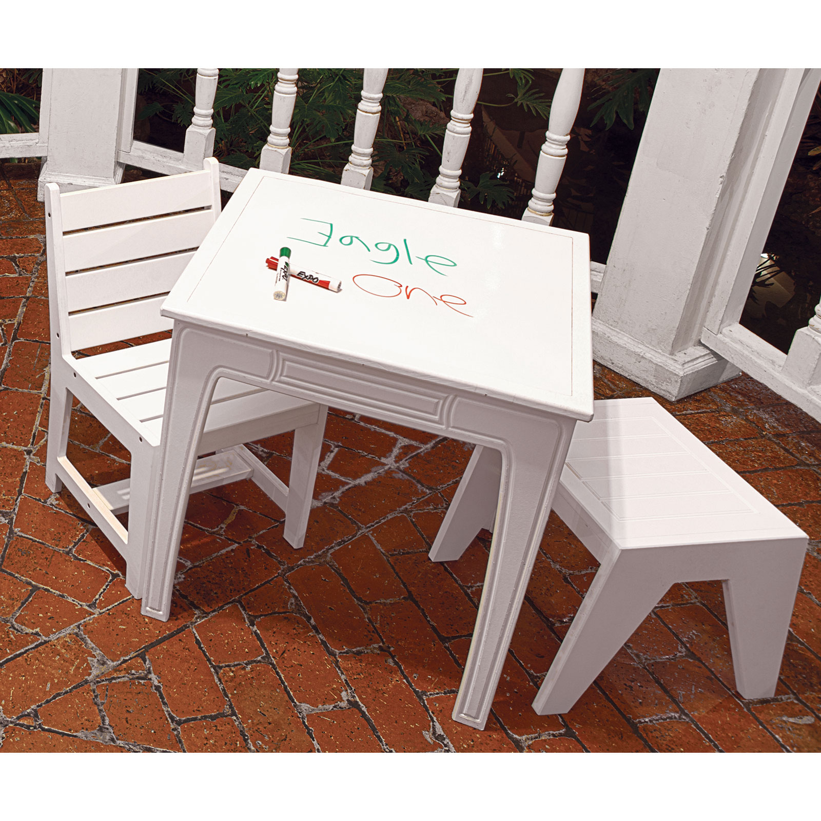 Kids Square Table Set, White (Table, Bench, Chair)