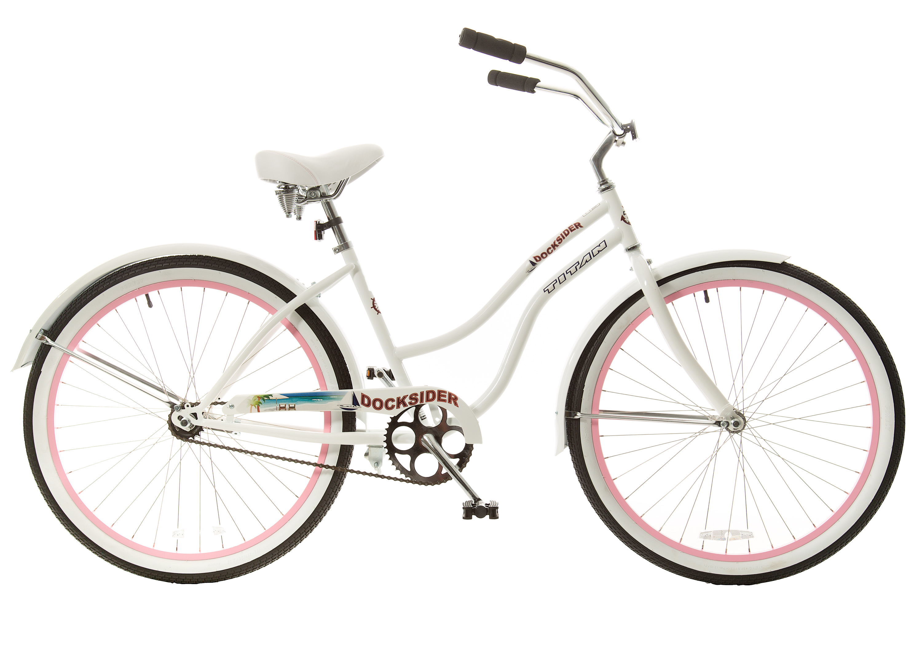 Titan Docksider Single Speed Women's Beach Cruiser Bicycle, White with Pink Wheels, 26-Inch Wheels, 17-Inch Frame