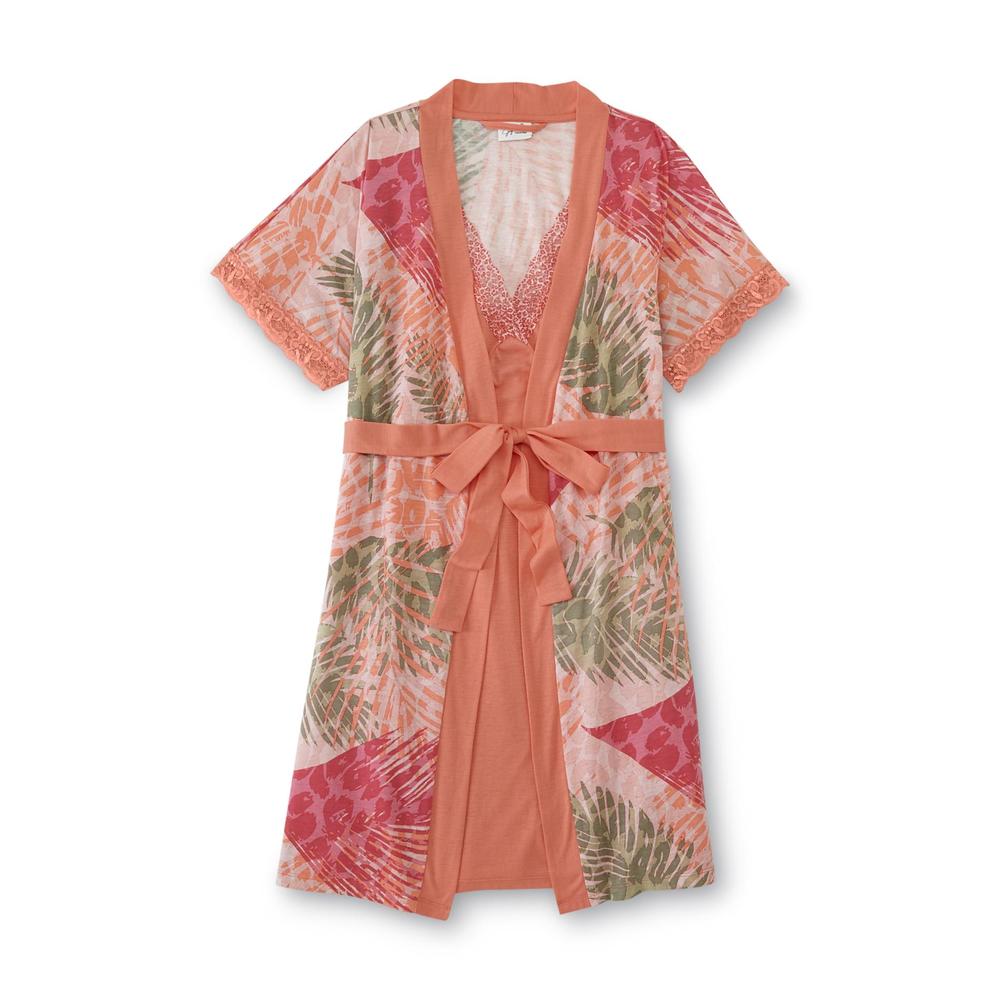 Women's Plus Sleeveless Nightgown & Robe - Palm Leaf