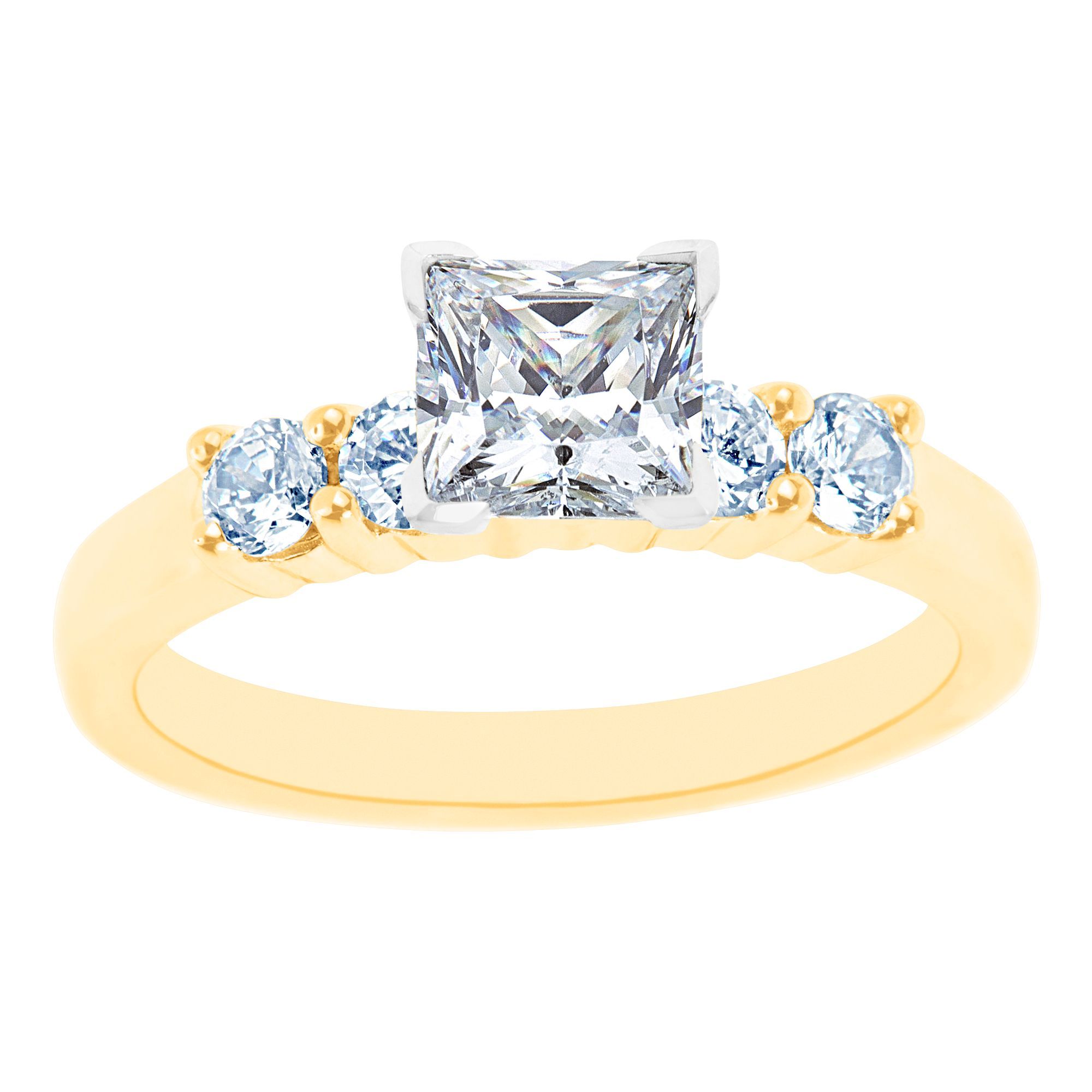 14K Two Tone Five Stone Princess Cut Diamond Engagement Ring