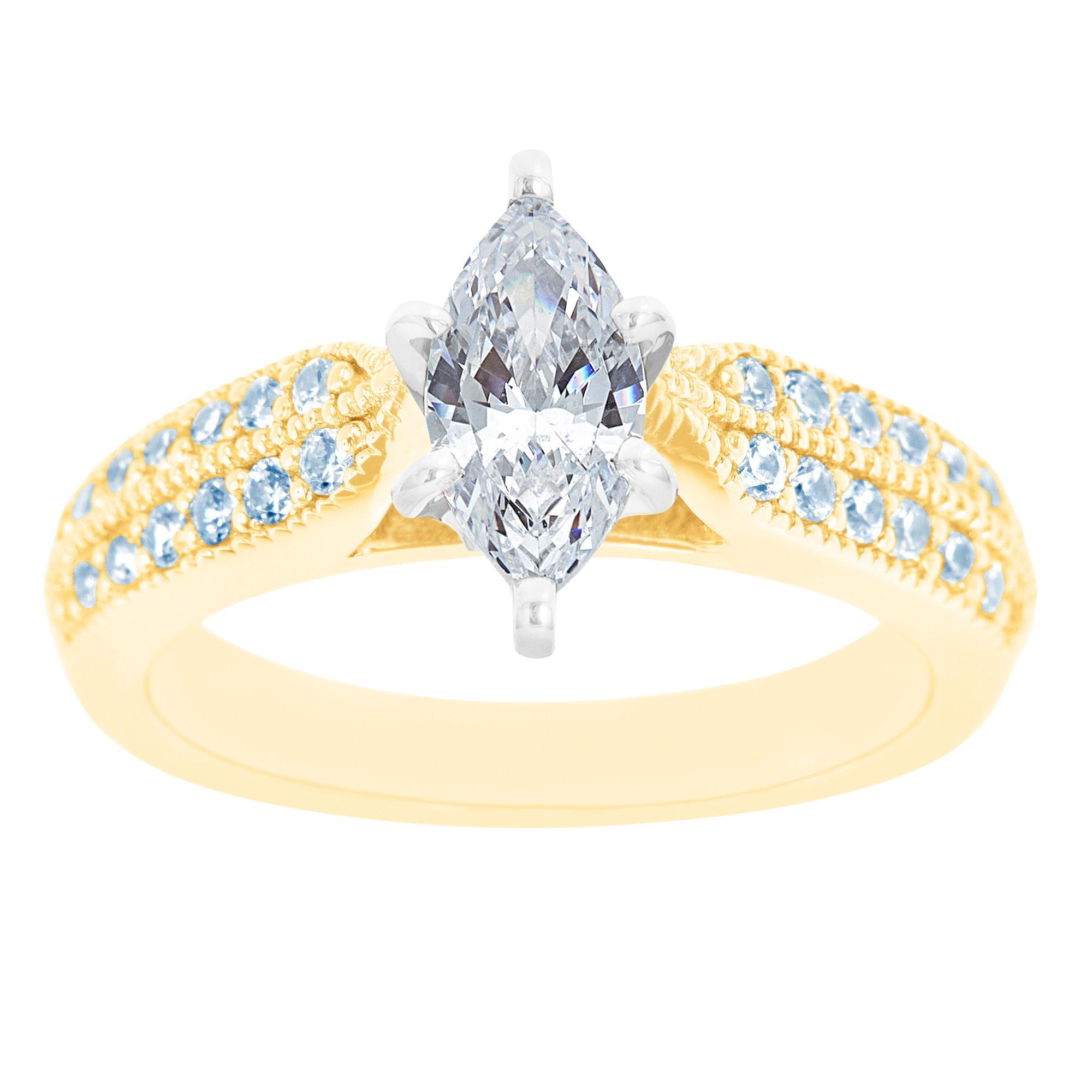 14K Two Tone Milgrain Double Row Marquise Diamond Engagement Ring
